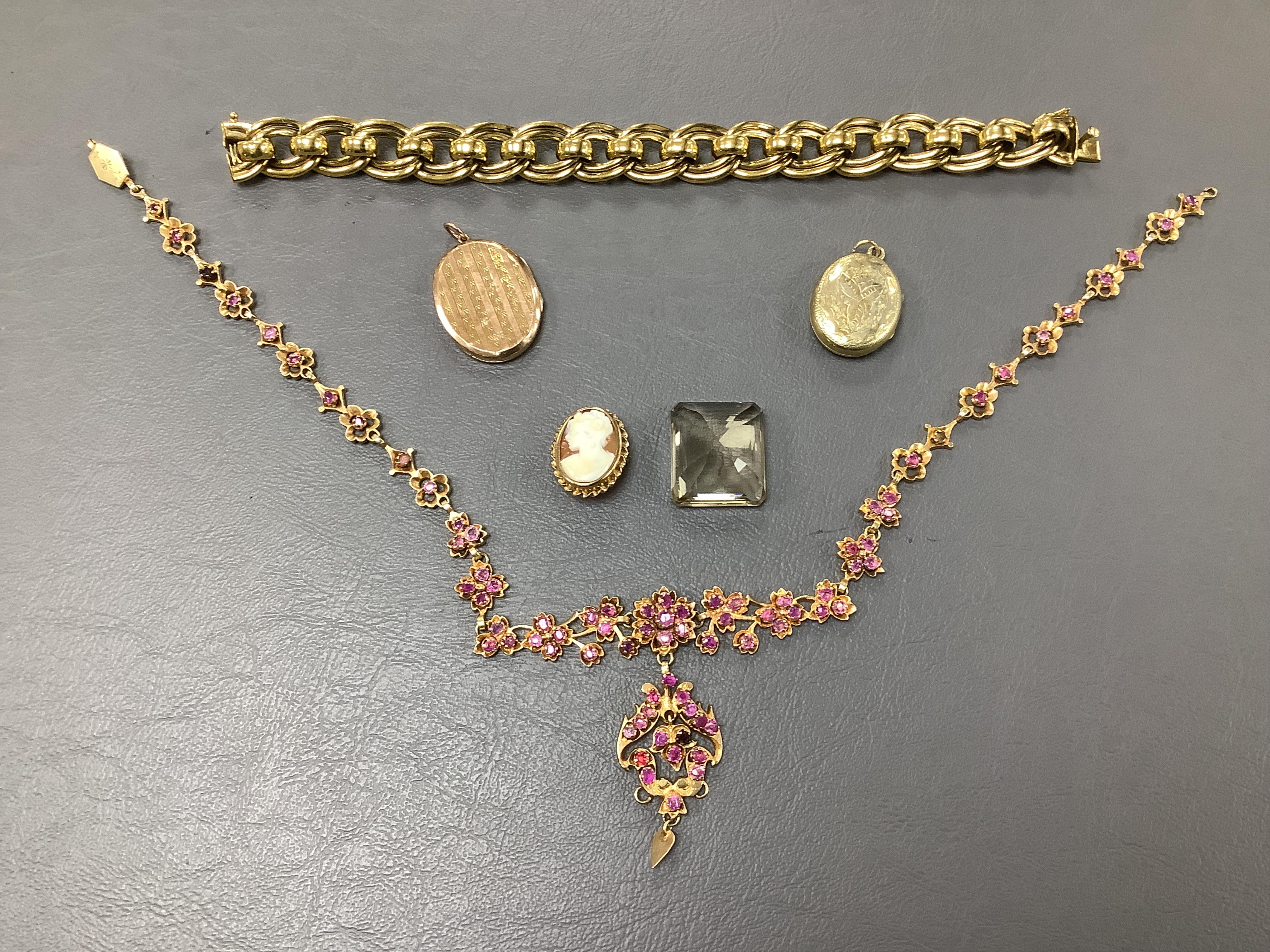 Mixed costume and other jewellery including 9ct back and front locket 9ct mounted cameo shell brooch, garnet paste bracelet etc.